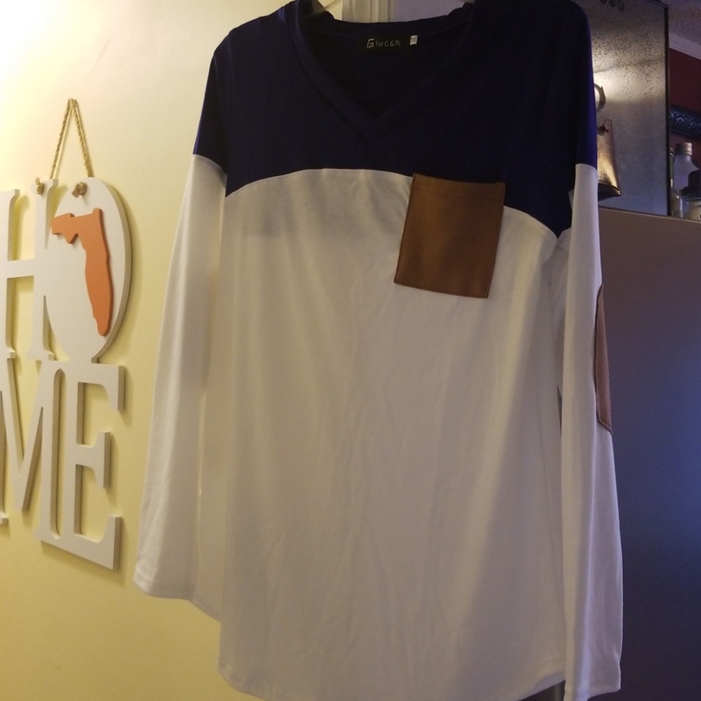 Navy & ivory color block elbow patch shirt